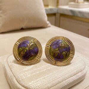 Vintage Gold Tone Purple Green Enamel Swirl Large Round Circle Earrings